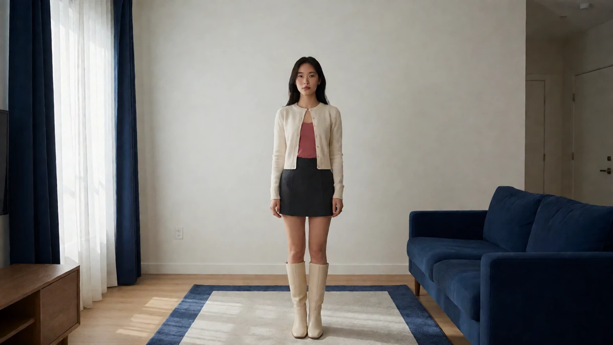 窗前白衫主题图：成年女子穿白上衣与深色短裙站在蓝色沙发旁